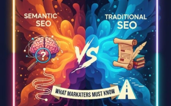 A conceptual graphic comparing "Semantic SEO" and "Traditional SEO" with a vibrant orange and blue "VS" design, highlighting what marketers must know.