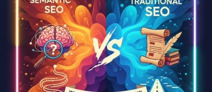 A conceptual graphic comparing "Semantic SEO" and "Traditional SEO" with a vibrant orange and blue "VS" design, highlighting what marketers must know.