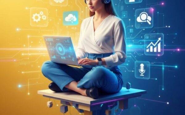 A professional woman in modern attire working on a laptop, surrounded by glowing AI and digital marketing icons against a split yellow and blue background, featuring the title "Top Digital Marketing Tools Every Professional Should Use."