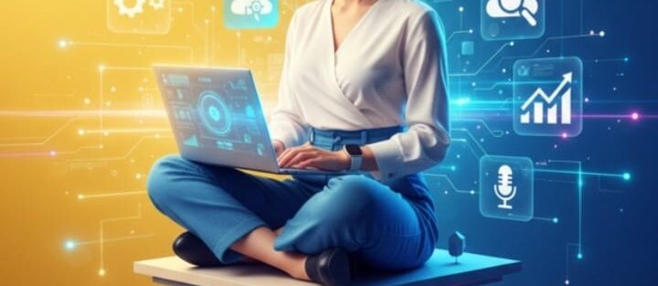 A professional woman in modern attire working on a laptop, surrounded by glowing AI and digital marketing icons against a split yellow and blue background, featuring the title "Top Digital Marketing Tools Every Professional Should Use."