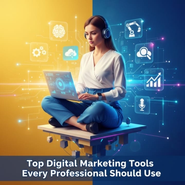 A professional woman in modern attire working on a laptop, surrounded by glowing AI and digital marketing icons against a split yellow and blue background, featuring the title "Top Digital Marketing Tools Every Professional Should Use."