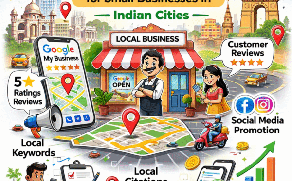 caricuture image on the topic How to Improve Local SEO for Small Businesses in Indian Cities