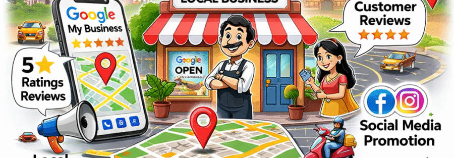 caricuture image on the topic How to Improve Local SEO for Small Businesses in Indian Cities