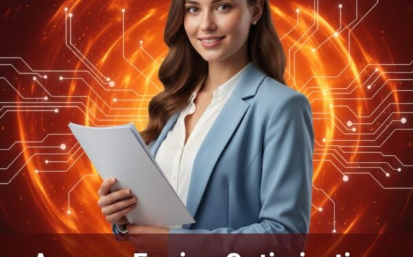 A professional 22-year-old woman in a blue blazer holding a file, set against a vibrant orange and red digital background with glowing circuitry. Text at the bottom reads: Answer Engine Optimization Explained for Marketers.
