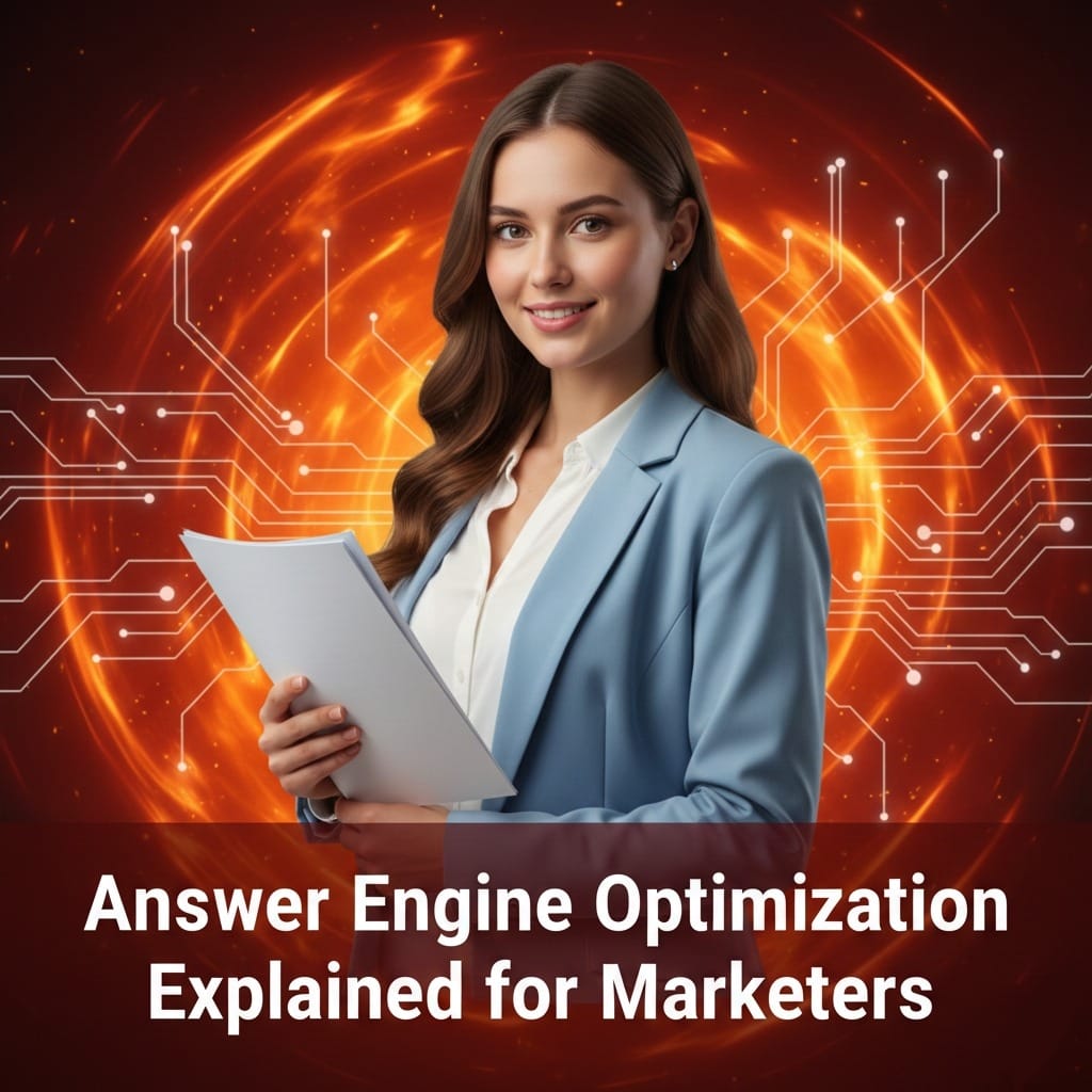 A professional 22-year-old woman in a blue blazer holding a file, set against a vibrant orange and red digital background with glowing circuitry. Text at the bottom reads: Answer Engine Optimization Explained for Marketers.